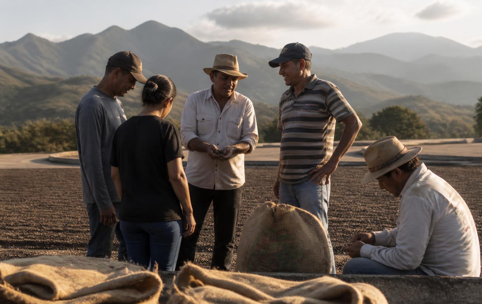 Produtores de café conversando em um terreiro de secagem nas montanhas